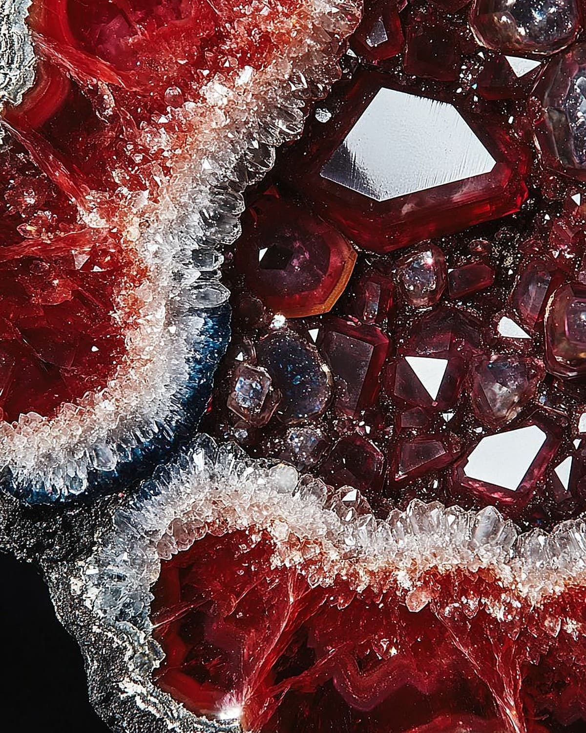 Macro di cristalli di granato rosso intenso in un geode con bordi di quarzo bianco