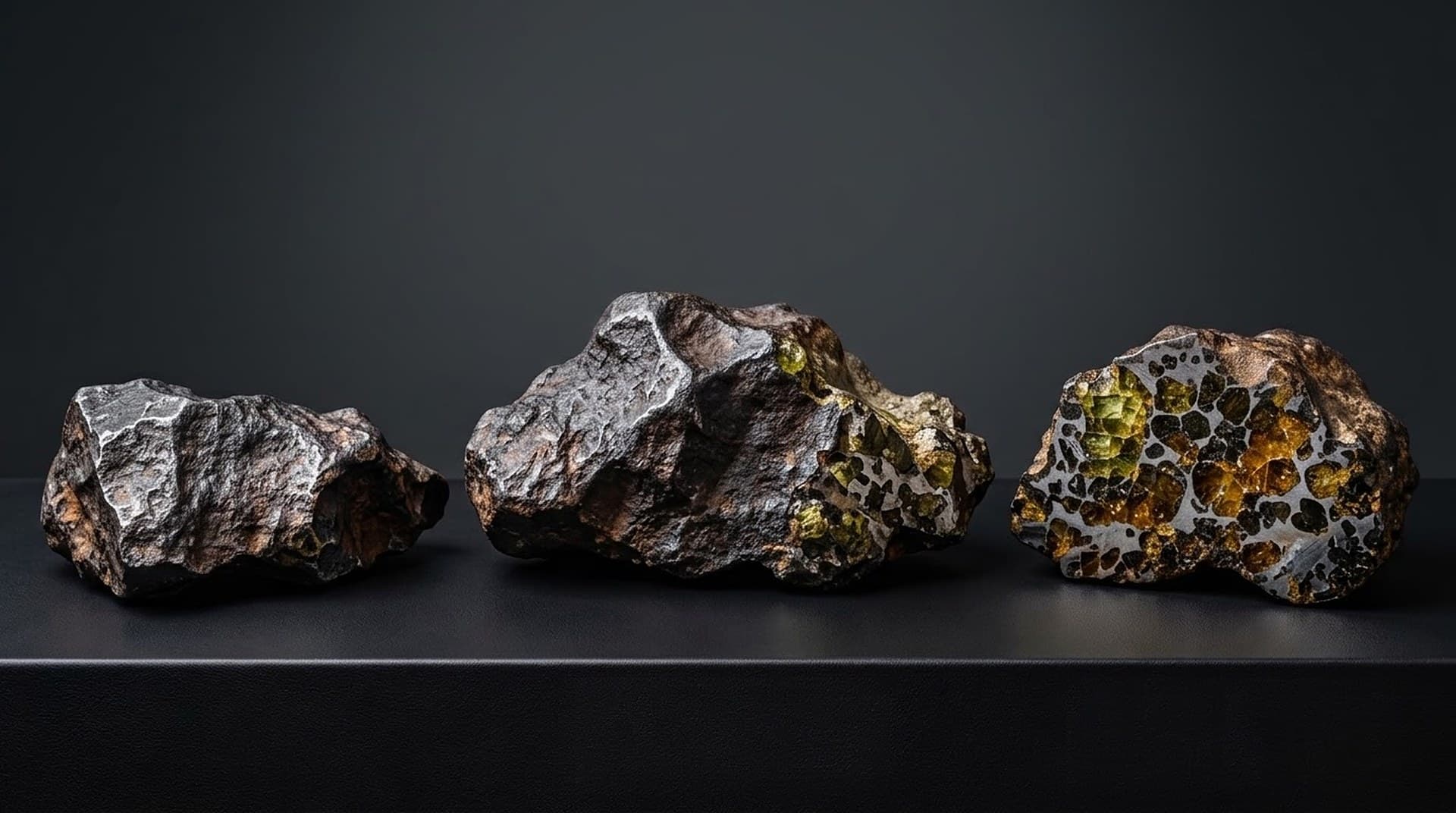 Tre esemplari di meteorite su una mensola scura, quello a destra tagliato a mostrare cristalli di olivina nel metallo