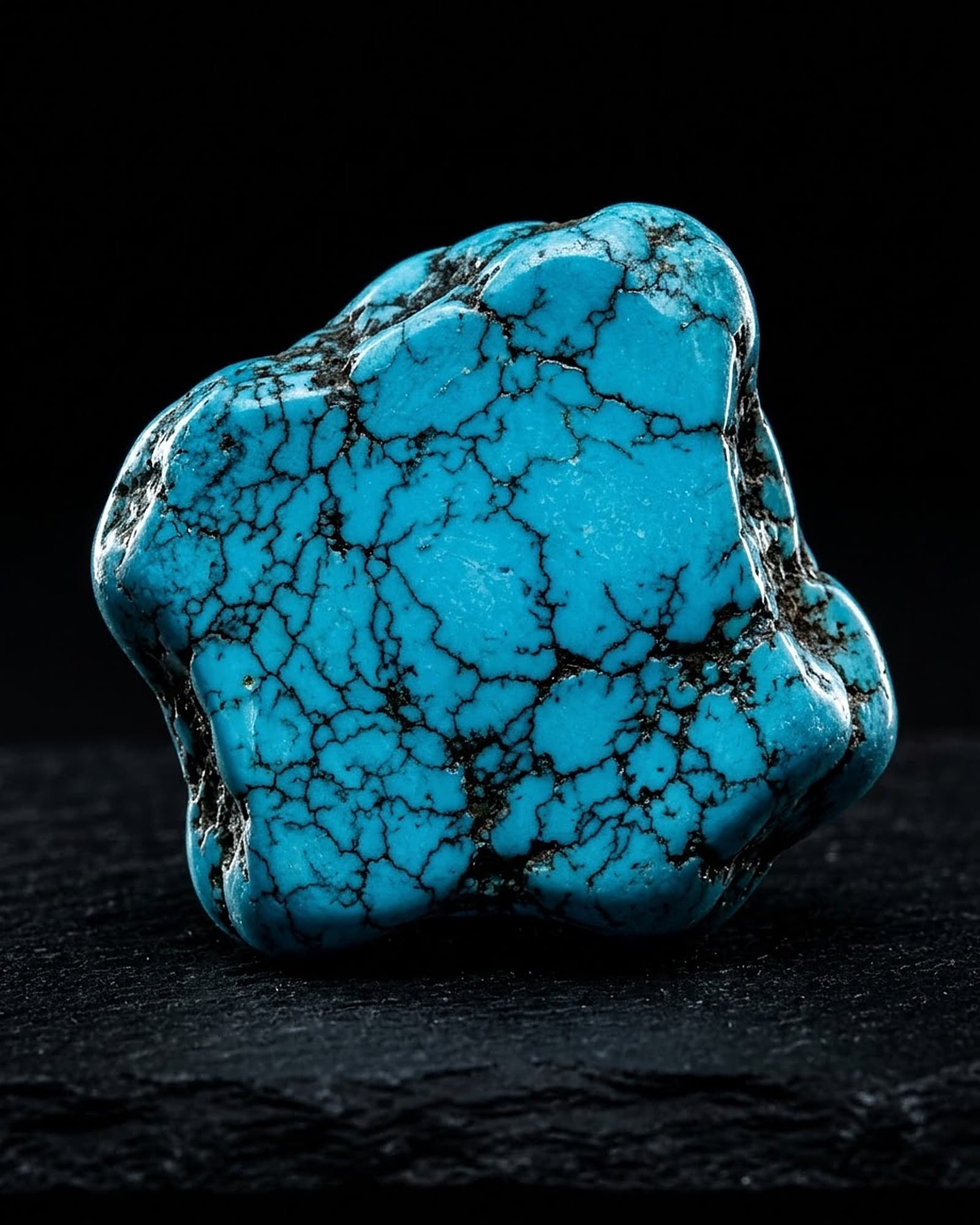 Un singolo nodulo di turchese persiano naturale con venature scure a ragnatela, Neyshabur, Iran, isolato su fondo scuro